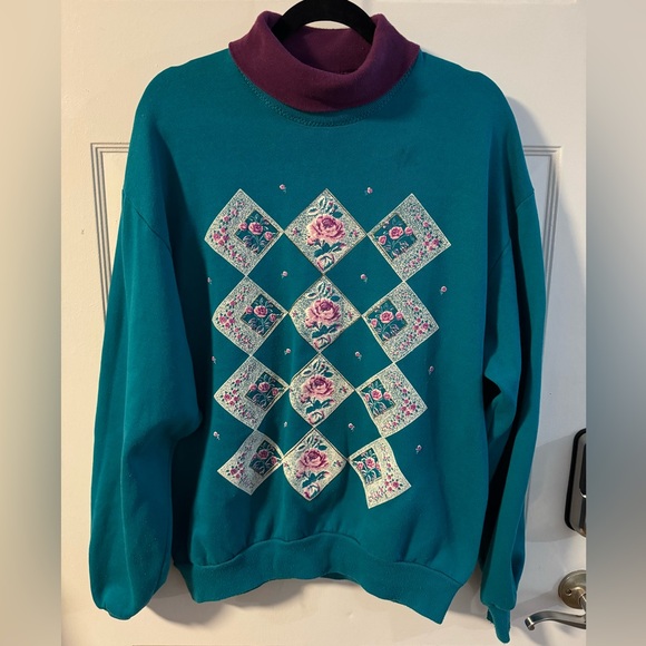 90s Floral Embroidered Painted Double Collar Turtleneck Sweatshirt VTG USA - Picture 1 of 13